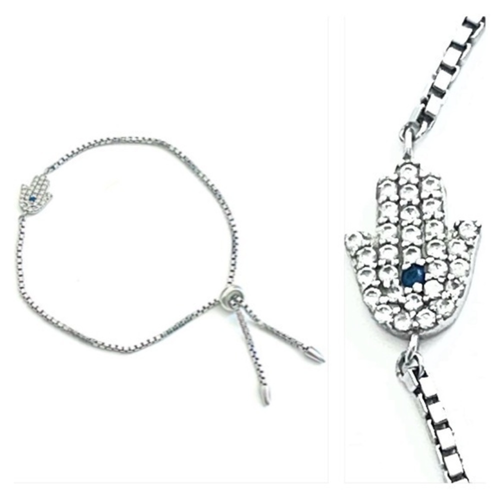 .925 Sterling Silver Hamsa Hand Evil Eye Bracelet with Blue Crystal Accent!